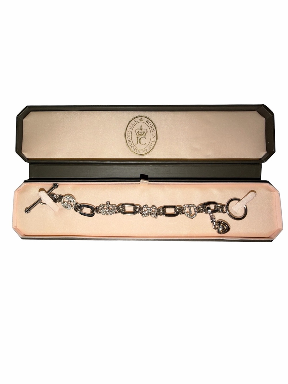 Vintage Juicy Couture Silver Crystal Charm Bracelet with Heart and Logo Charm